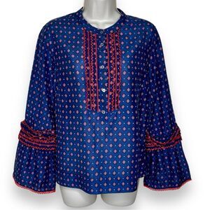 J Crew Ludwig Embroidered Bell Sleeve Blue Foulard Cotton Silk Lace Top Women 8